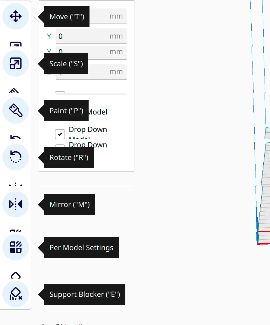Cura toolbar tooltips for Move, Scale, Paint, Rotate, Mirror, Per Model Settings and Support Blocker with their shortcut keys