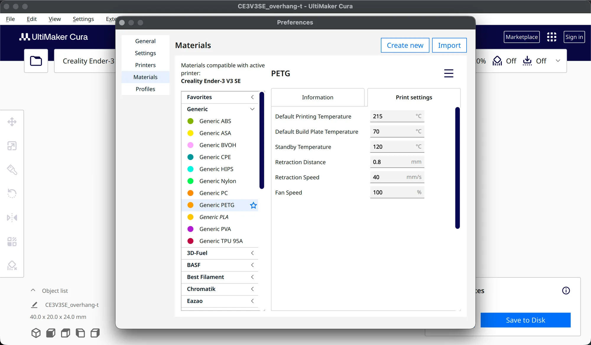 Cura 5.13.0 Materials page for Generic PETG, Print settings tab with 215 and 70 degree defaults