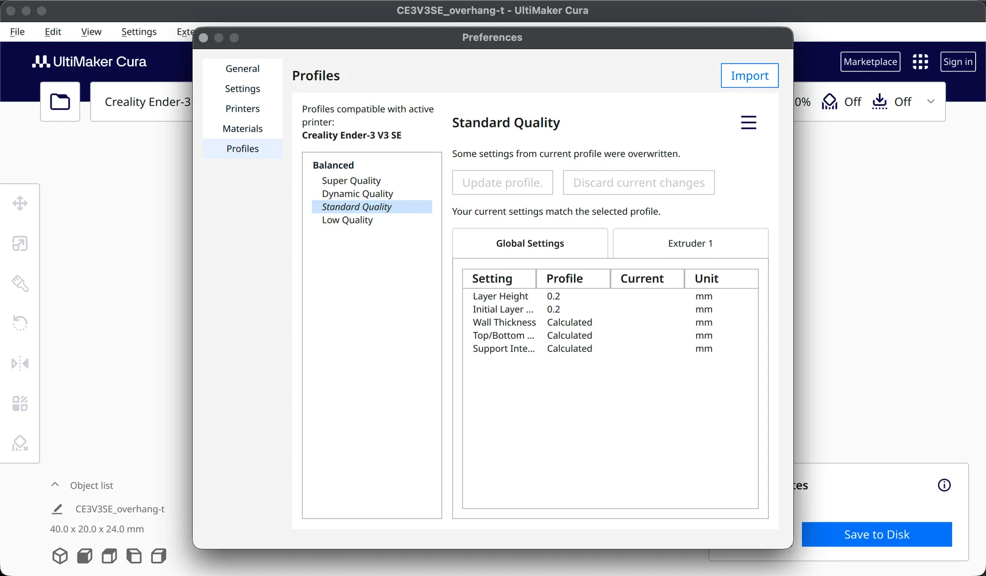 Cura 5.13.0 Preferences Profiles page listing Super, Dynamic, Standard and Low Quality with Standard Quality selected