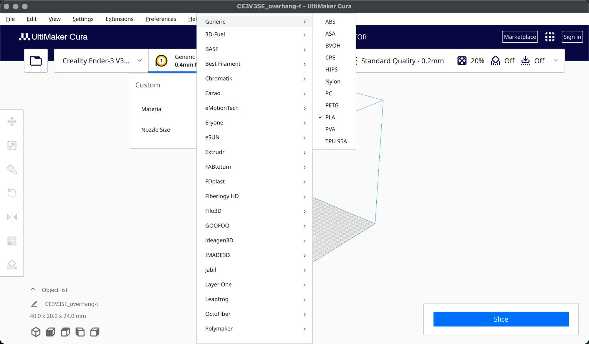 Cura 5.13.0 material drop-down with brand list on the left and the Generic types ABS to TPU 95A on the right, PLA ticked