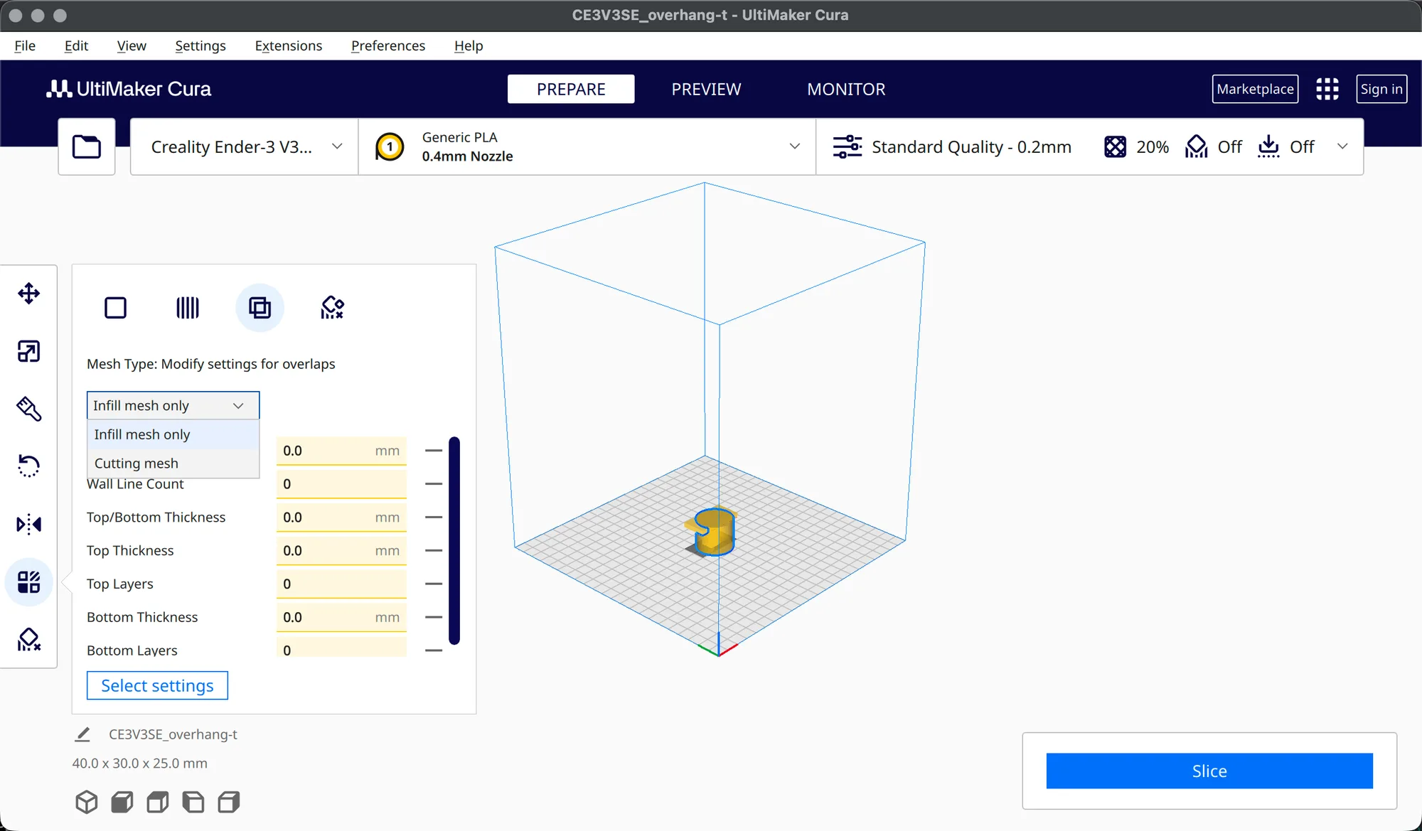 Cura Per Model Settings panel for a modify settings for overlaps mesh with the Infill mesh only and Cutting mesh drop-down open