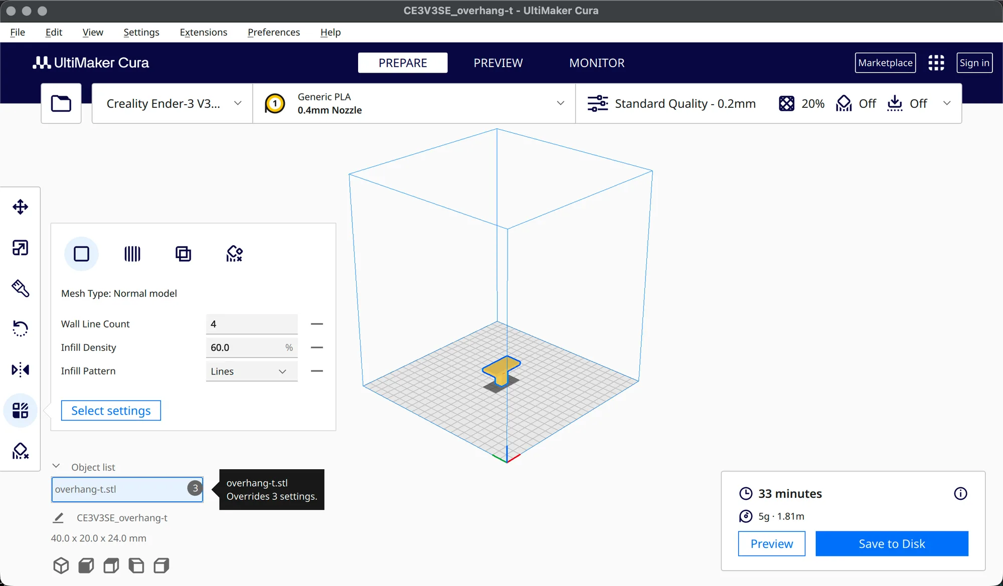 Cura object list showing overhang-t.stl with a badge reading 3 and a tooltip Overrides 3 settings