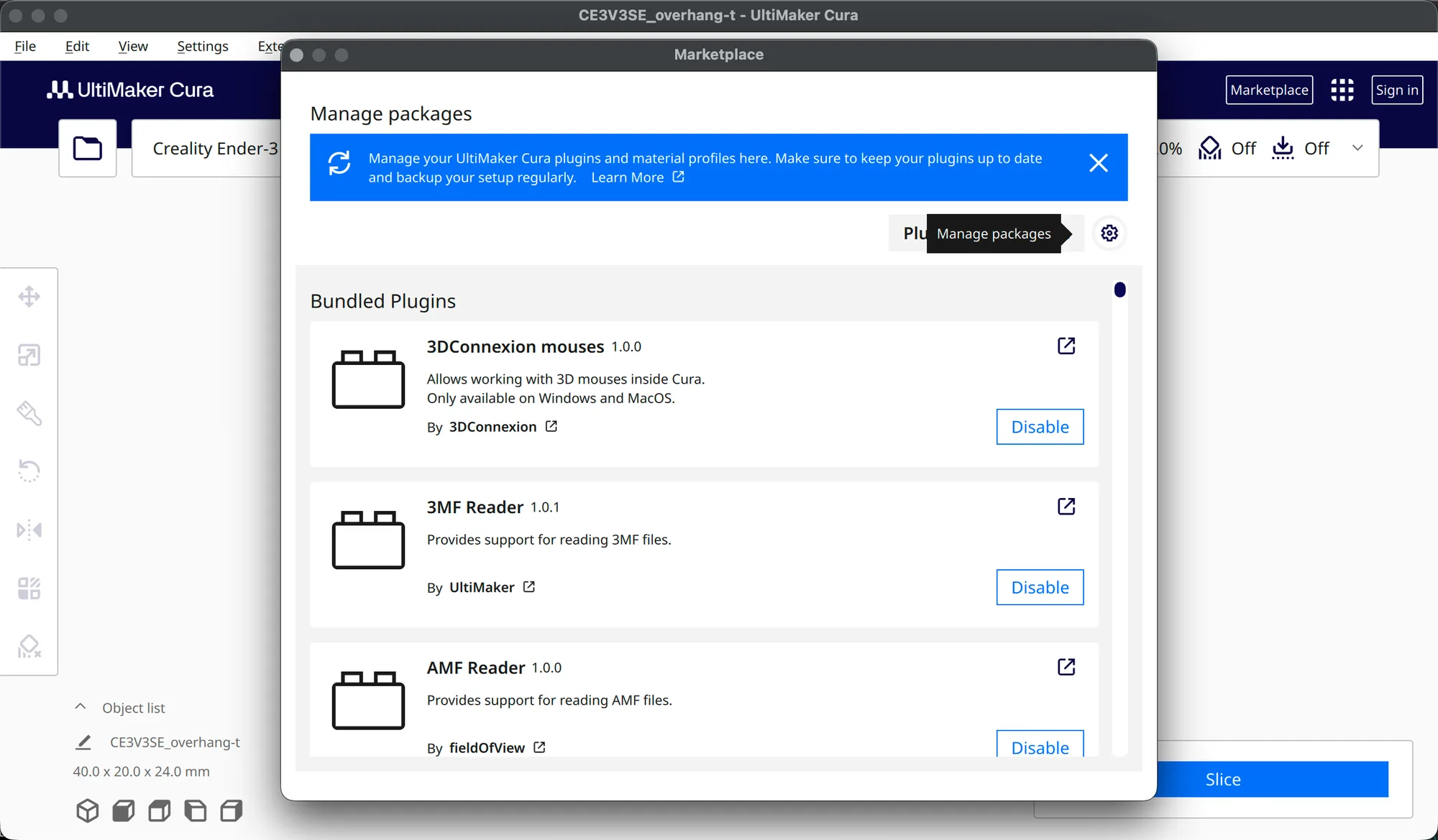 Manage packages view in Cura showing bundled plugins with Disable buttons