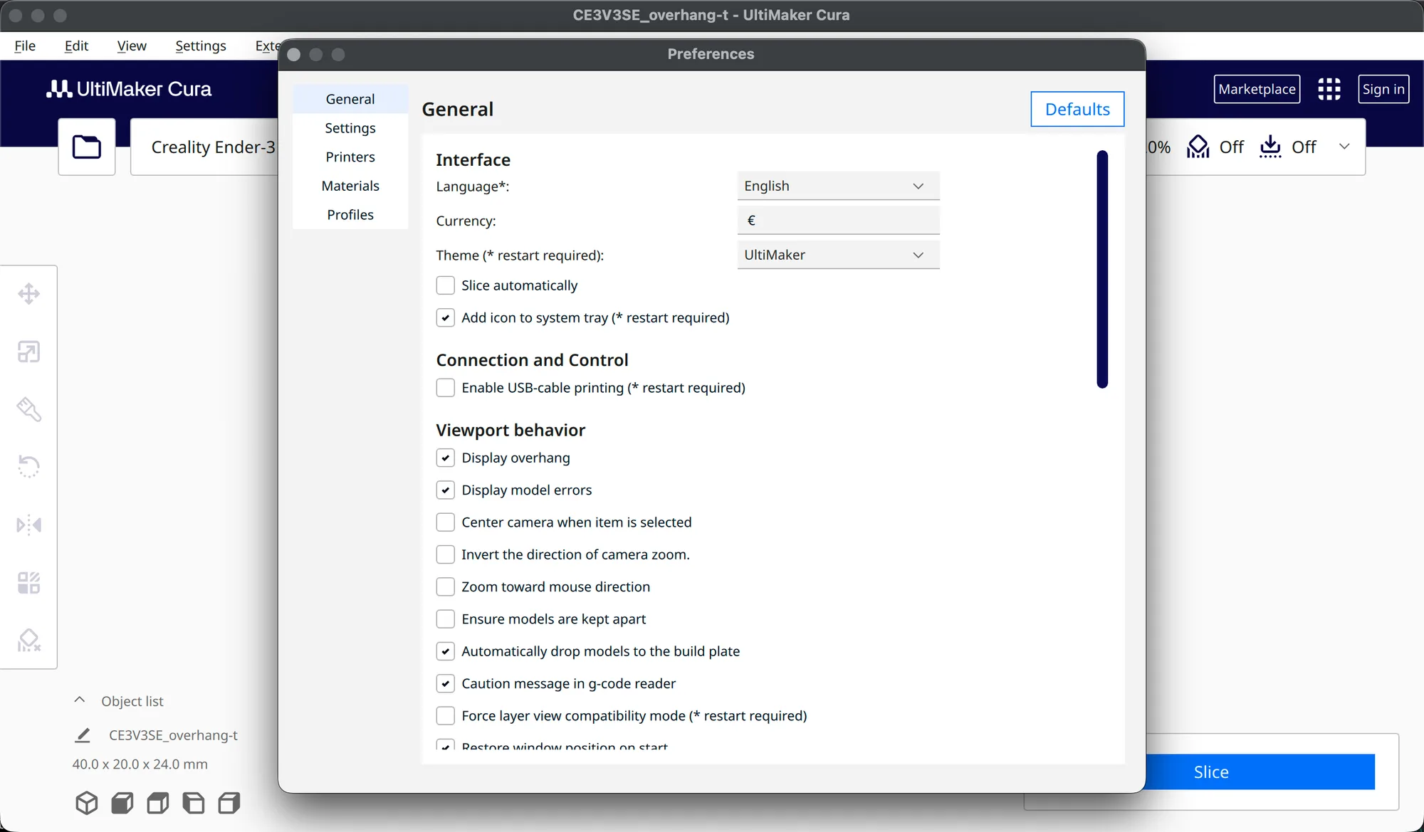 Cura Preferences General page with interface and viewport options