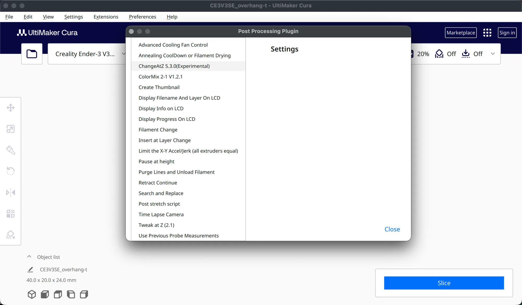 Post Processing Plugin dialog listing the available scripts