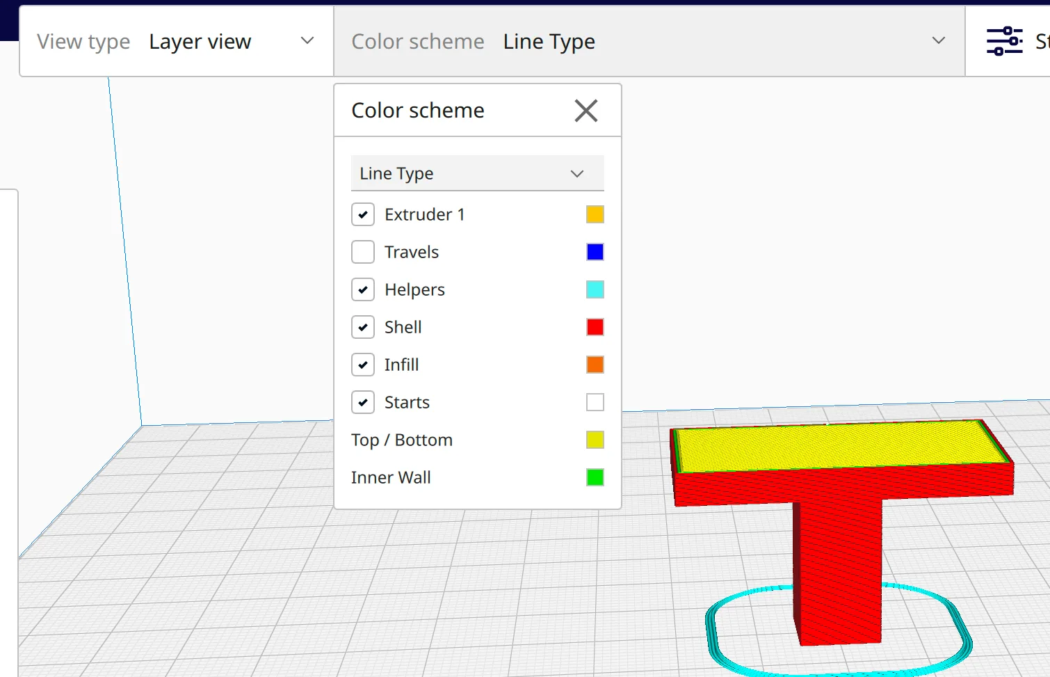 UltiMaker Cura Preview tab with the Color scheme panel open showing the Line Type legend and checkboxes