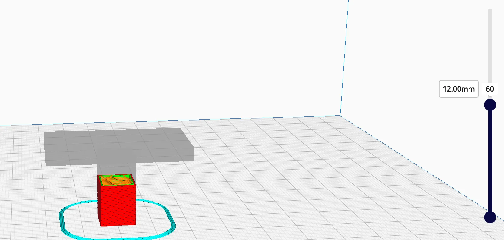 UltiMaker Cura Preview with the vertical layer slider typed to layer 60, showing 12.00mm, with upper layers greyed out