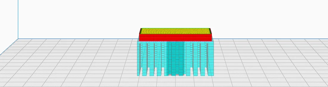 Front view in UltiMaker Cura Preview showing cyan support pillars under the top bar of the overhang-t part