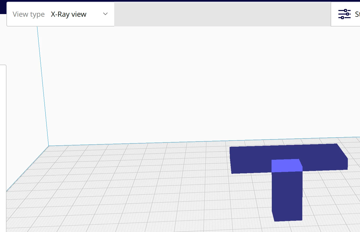 UltiMaker Cura X-Ray view of the overhang-t part as a semi-transparent blue shape