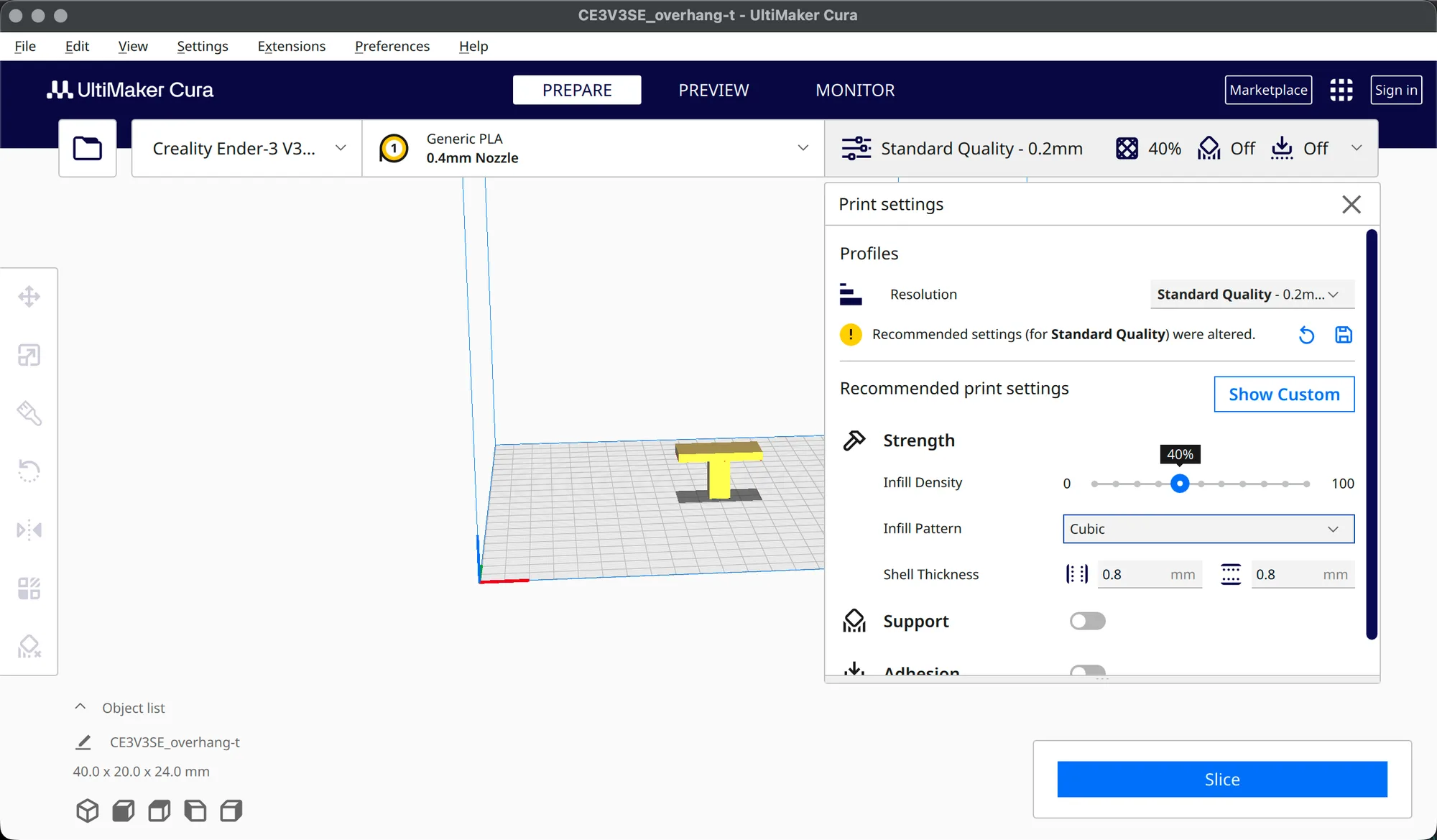 Cura panel at 40 percent infill with the Recommended settings were altered banner and reset and save icons