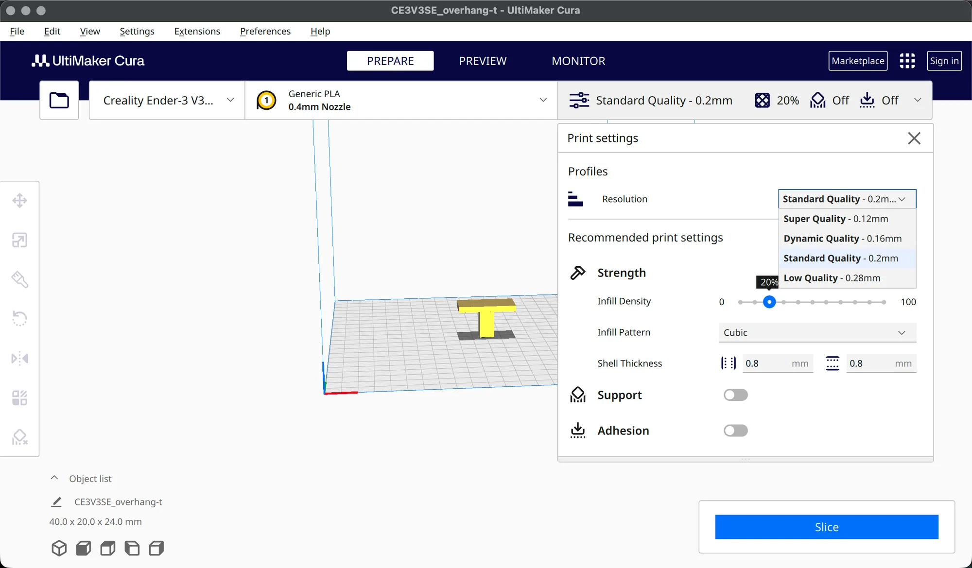 Cura Resolution drop-down listing Super, Dynamic, Standard and Low Quality profiles