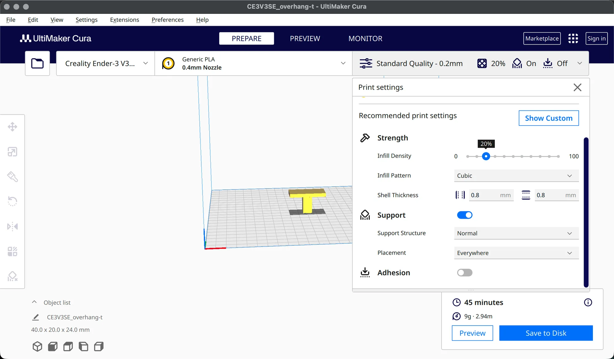 Cura Recommended panel with Support on, showing Support Structure and Placement drop-downs