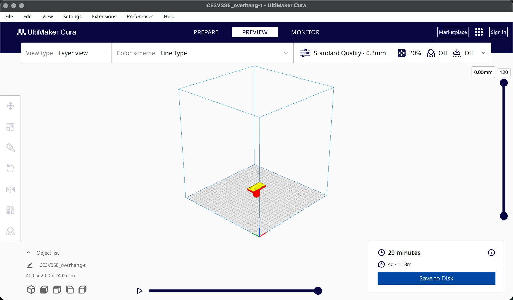 UltiMaker Cura Preview stage showing the sliced T shaped part in Layer view with the layer slider at the right