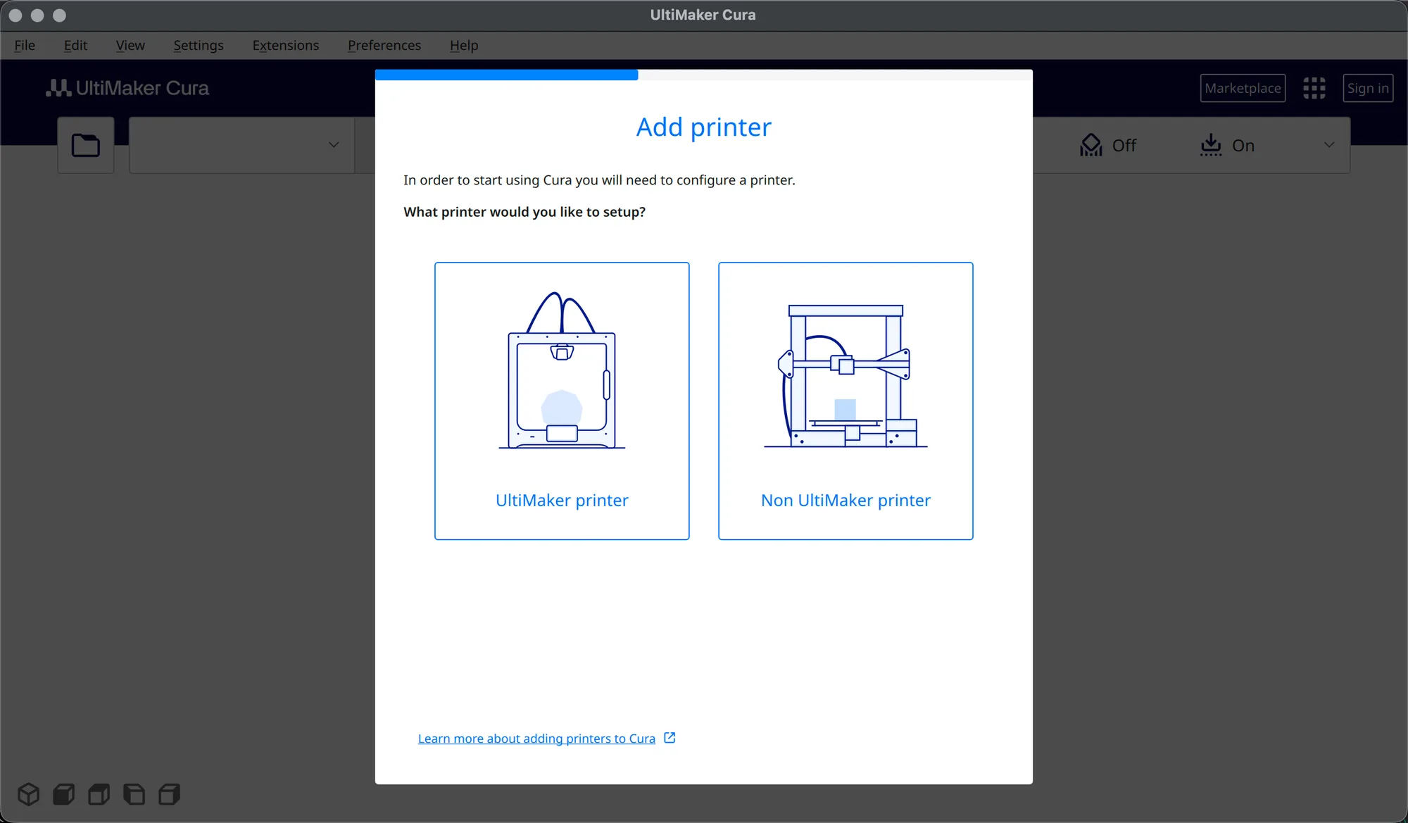 UltiMaker Cura Add printer screen offering UltiMaker printer or Non UltiMaker printer