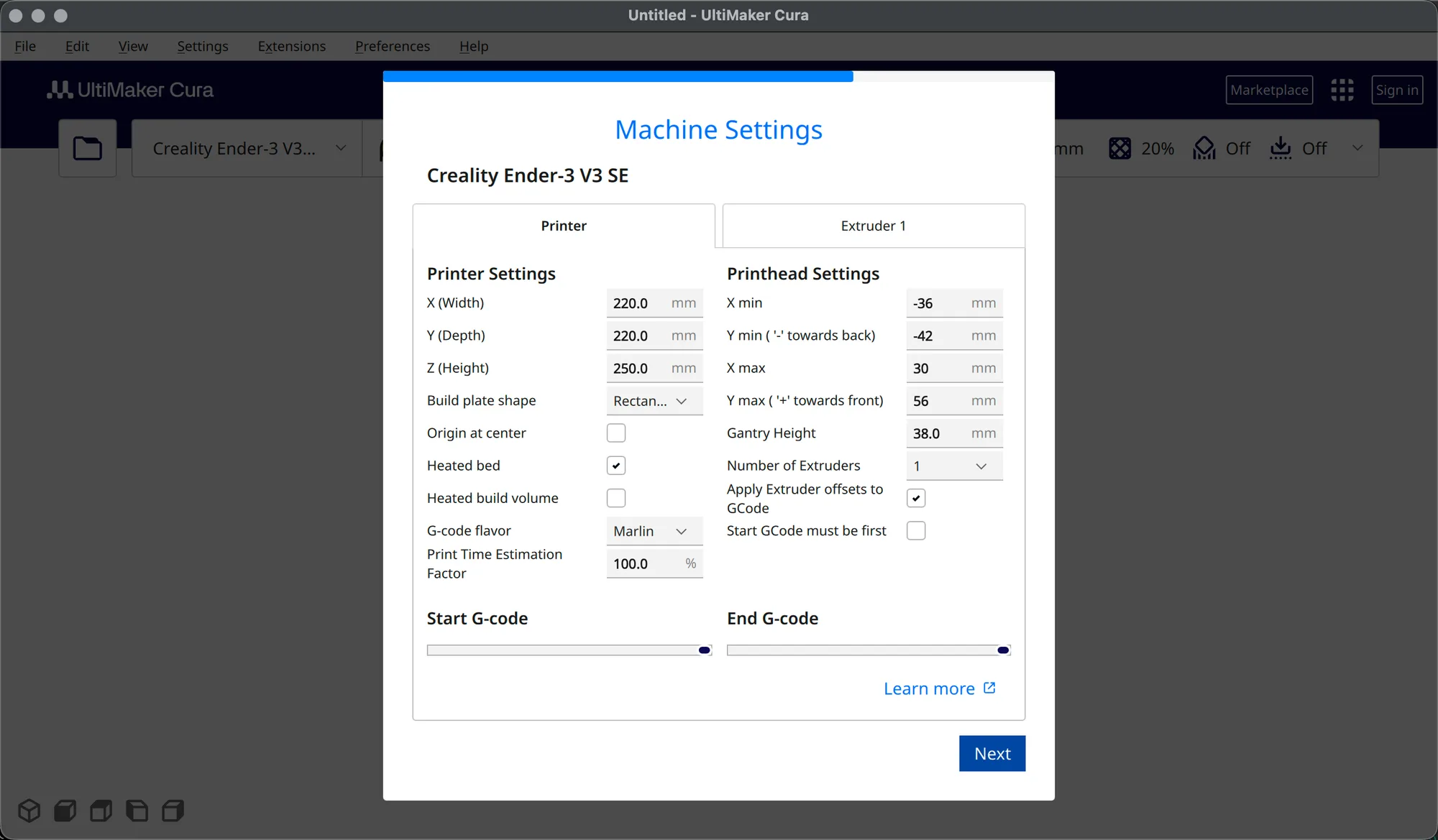 UltiMaker Cura Machine Settings screen for the Creality Ender-3 V3 SE showing bed size and G-code flavor
