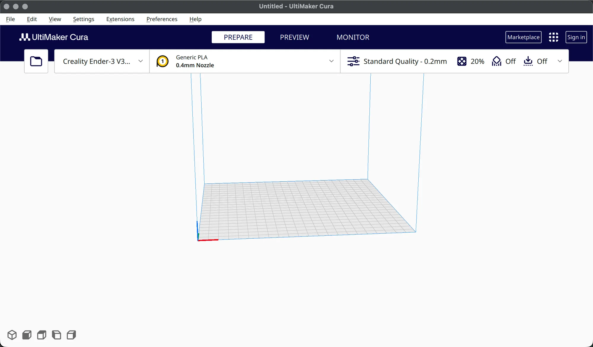 UltiMaker Cura Prepare screen after setup with the Creality Ender-3 V3 SE, Generic PLA and Standard Quality 0.2mm selected