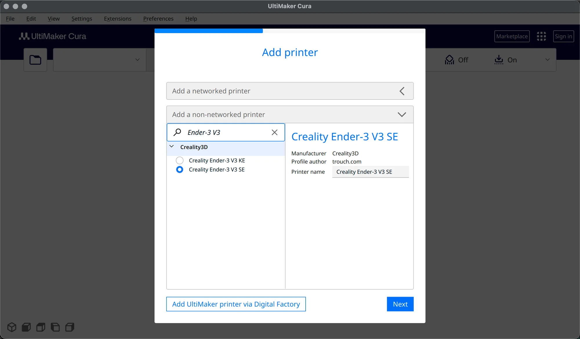 UltiMaker Cura printer list filtered to Creality Ender-3 V3 SE with the printer name field