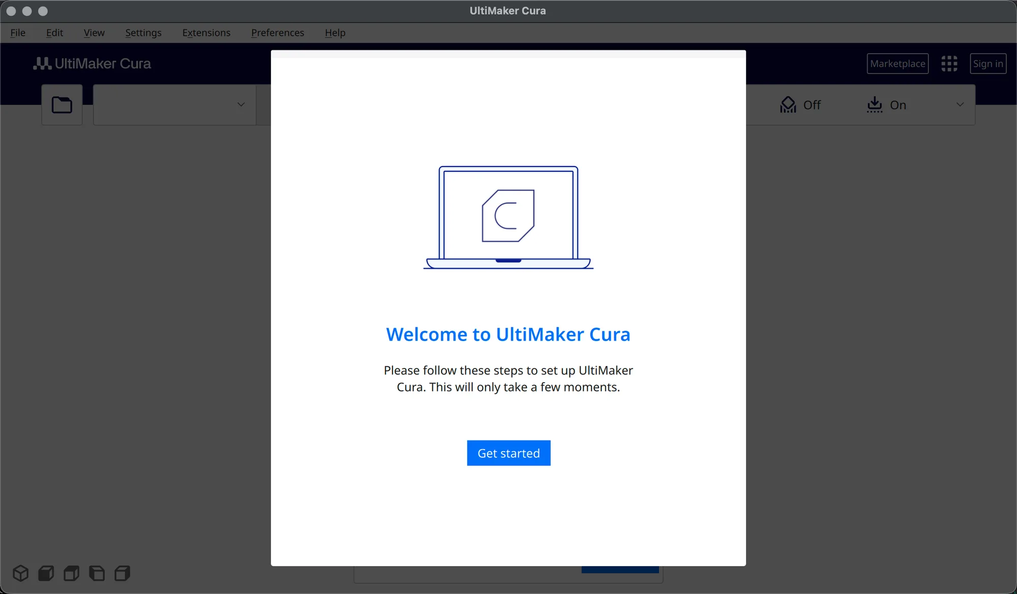 UltiMaker Cura welcome screen with a Get started button