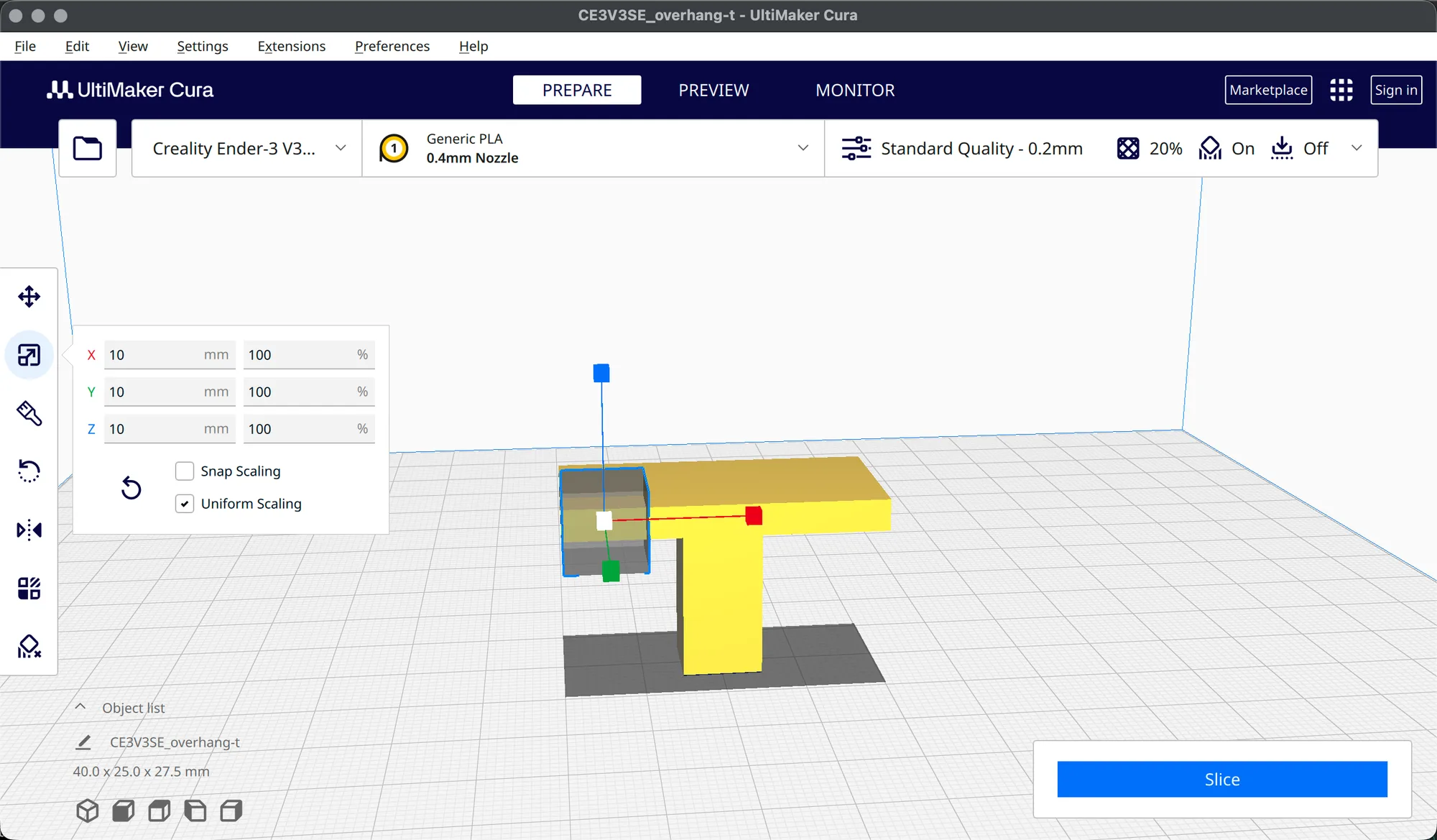 Cura Support Blocker cube beside the test part with the scale panel showing 10 mm on each axis