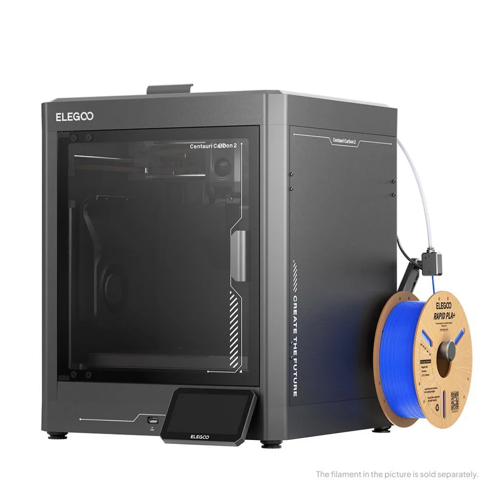 Elegoo Centauri Carbon 2 enclosed 3D printer with a spool of blue filament on the side