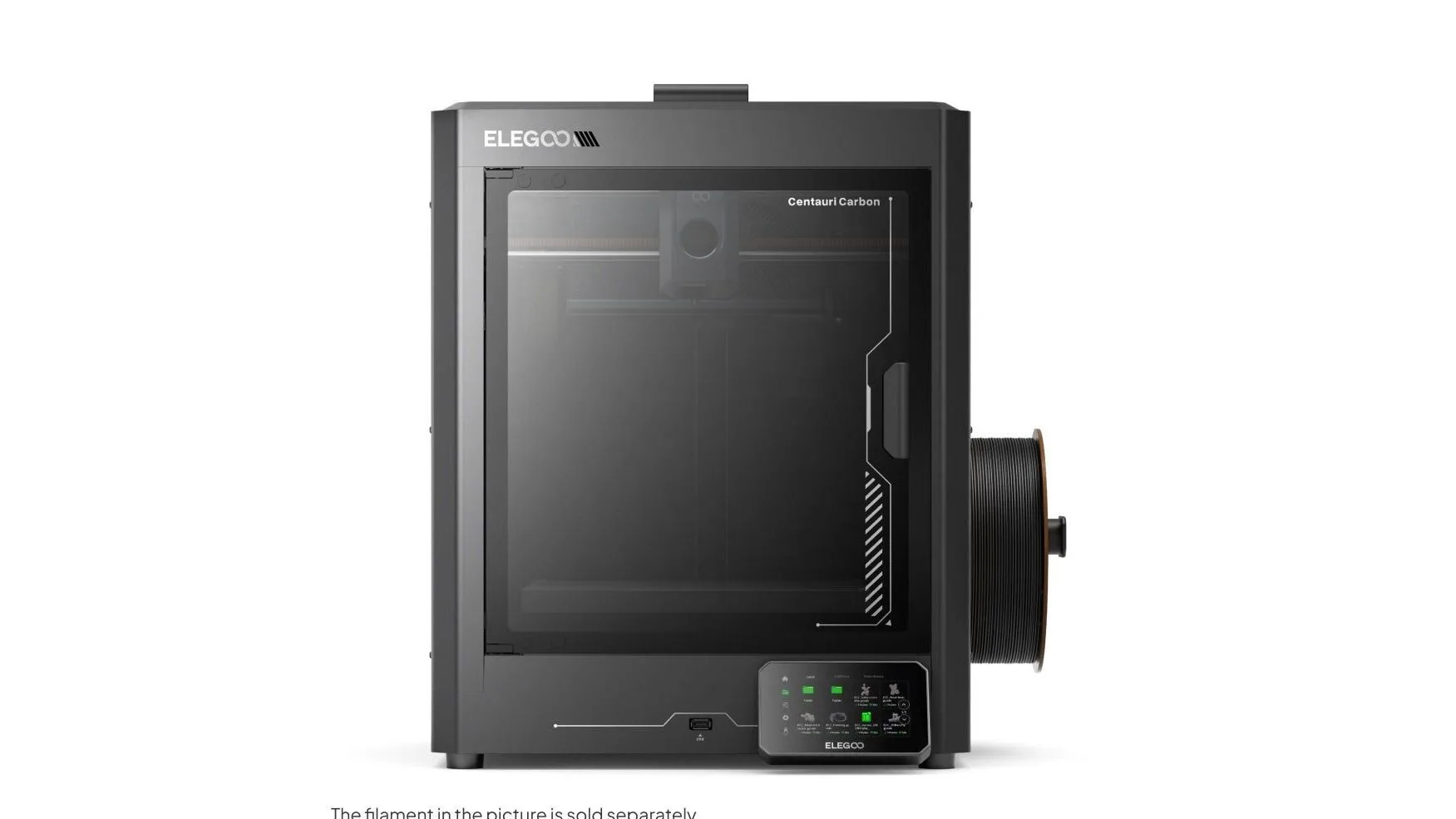 Elegoo Centauri Carbon enclosed CoreXY 3D printer seen from the front on a white background