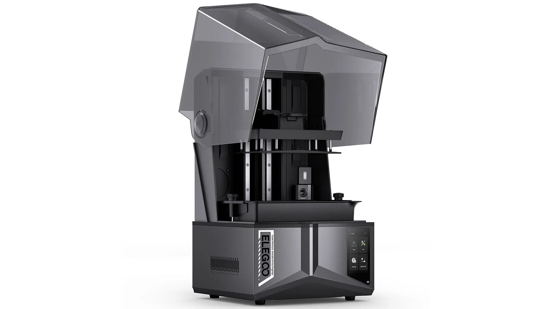 Elegoo Saturn 4 Ultra 16K resin 3D printer with its smoked lid raised, showing the build plate, resin vat and AI camera