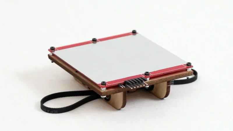 A bare heated build platform with a flat silver print surface, red edges and screw corners on a white background