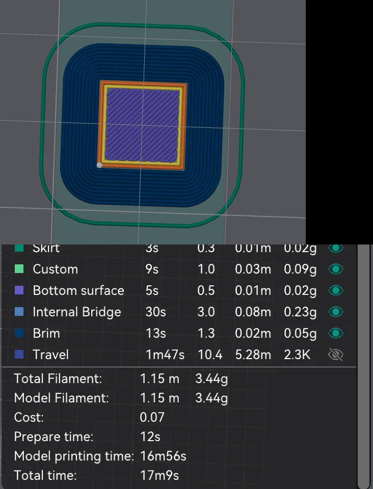OrcaSlicer Preview first layer showing the skirt ring and brim, with the Line Type estimate table