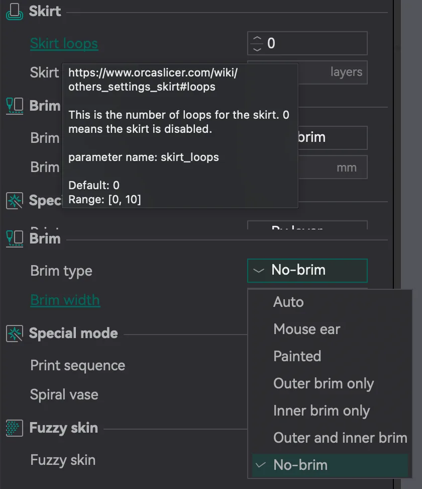 OrcaSlicer Others tab showing the Skirt loops tooltip and the Brim type options