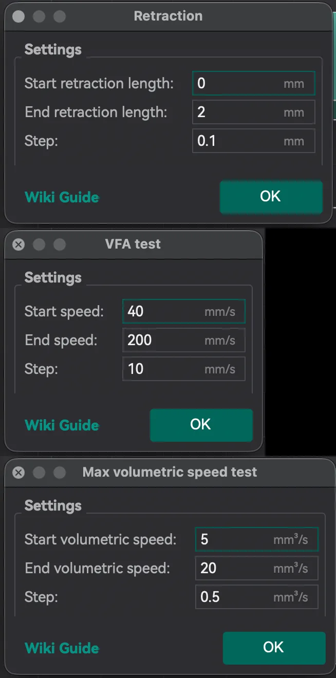 Three OrcaSlicer calibration dialogs stacked: Retraction, VFA test and Max volumetric speed test