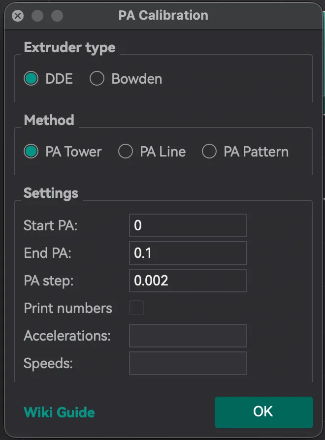 The OrcaSlicer PA Calibration dialog showing Extruder type, Method and Start PA, End PA and PA step fields