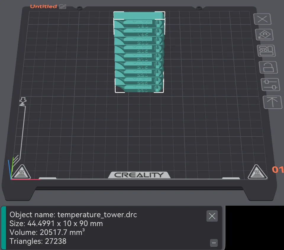The OrcaSlicer plate holding the generated temperature tower with its size 44.4991 x 10 x 90 mm