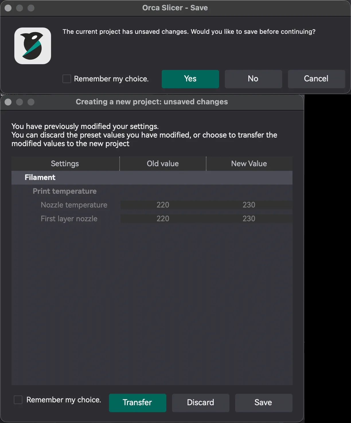 Two OrcaSlicer prompts: the unsaved changes save question, and the new project dialog showing nozzle temperature changing from 220 to 230