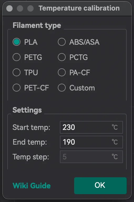 The OrcaSlicer Temperature calibration dialog showing the Filament type options and a start temp of 230 and end temp of 190
