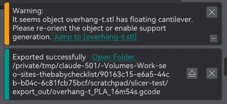 OrcaSlicer notifications reading Exported successfully with the output path, above a floating cantilever warning