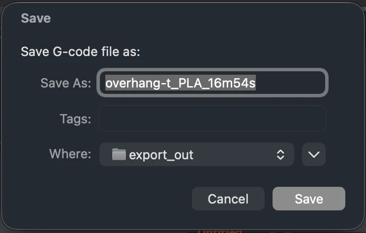 OrcaSlicer macOS Save dialog titled Save G-code file as, with a default file name ending in a print time