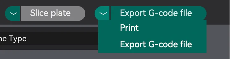 The drop down beside Export G-code file in OrcaSlicer 2.4.2 listing Print and Export G-code file