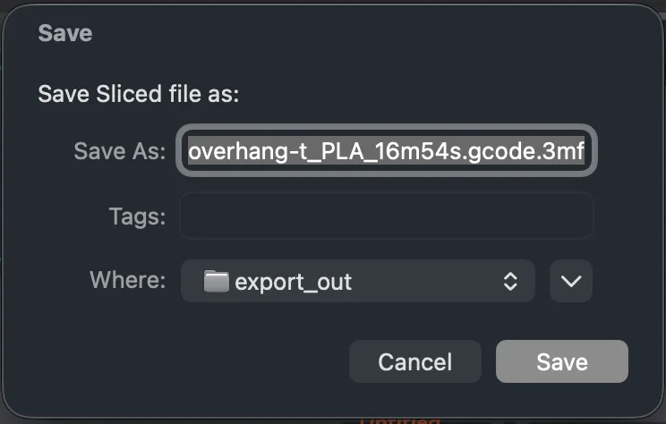 OrcaSlicer Save dialog titled Save Sliced file as, with a default name ending in .gcode.3mf