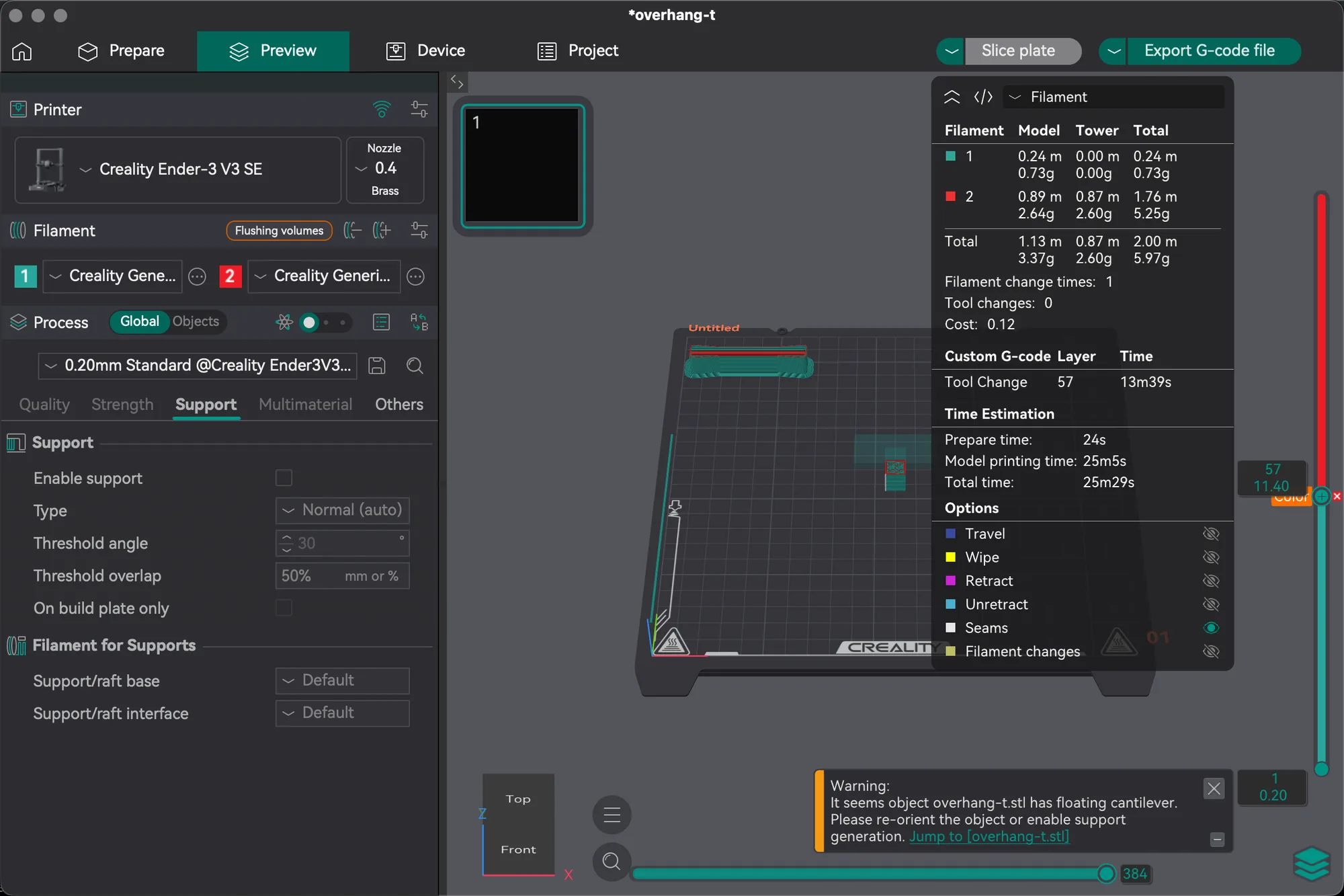 OrcaSlicer Preview after a colour change at layer 57, showing the Filament legend and prime tower