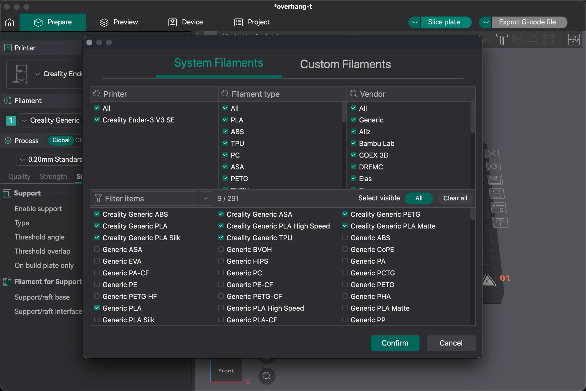 OrcaSlicer 2.4.2 System Filaments dialog with the filament list ticked, showing 9 / 291 selected