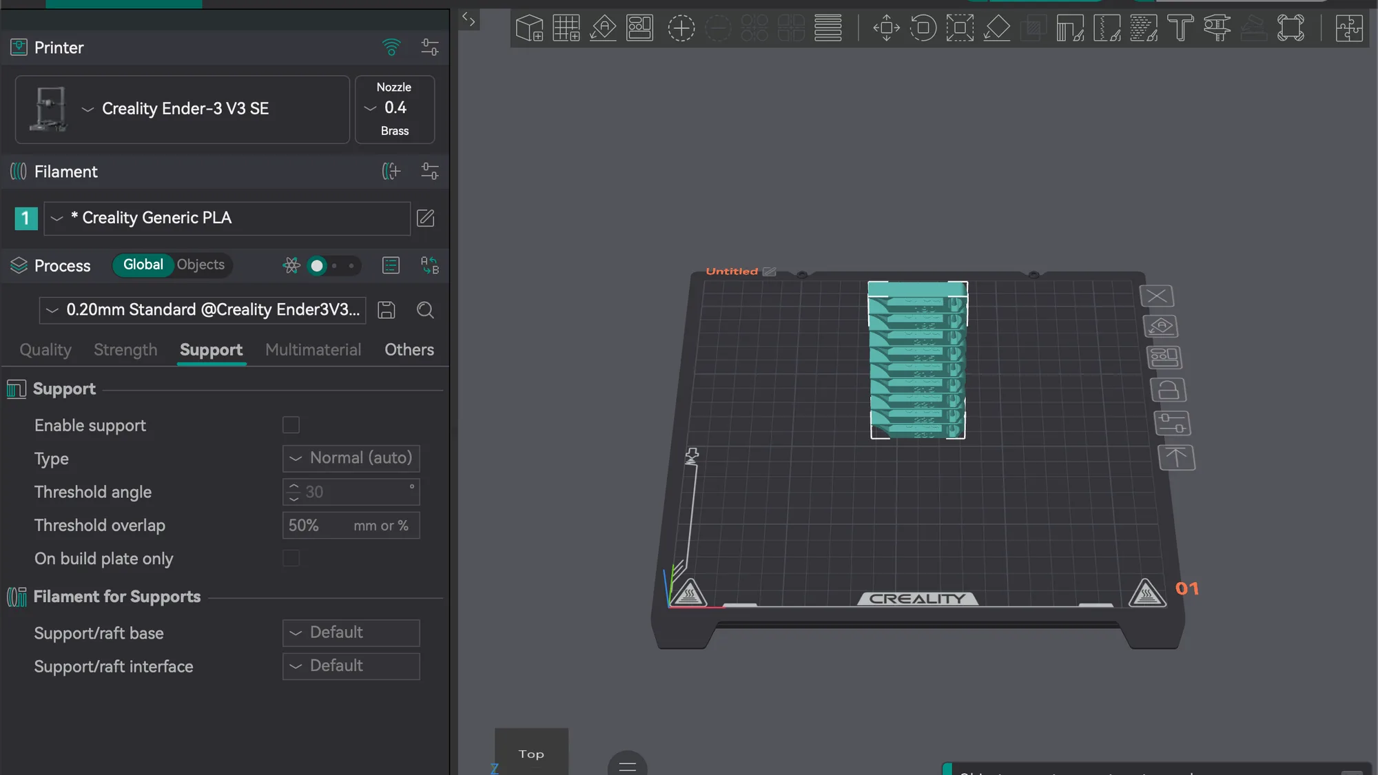 OrcaSlicer Prepare tab showing a generated temperature tower on the Creality Ender-3 V3 SE plate