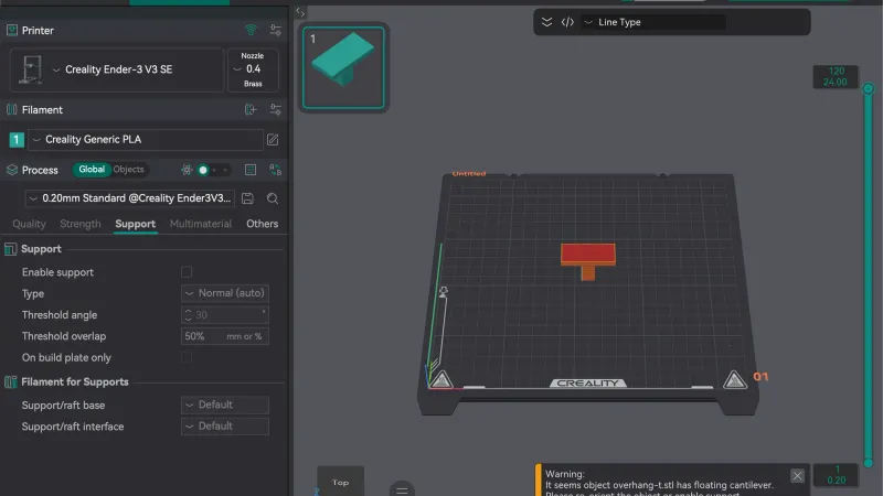 OrcaSlicer 2.4.2 Preview tab after slicing the overhang test part, with the Export G-code file button active