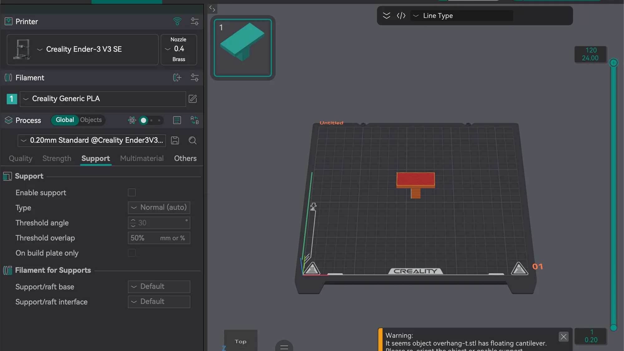 OrcaSlicer 2.4.2 Preview tab after slicing the overhang test part, with the Export G-code file button active