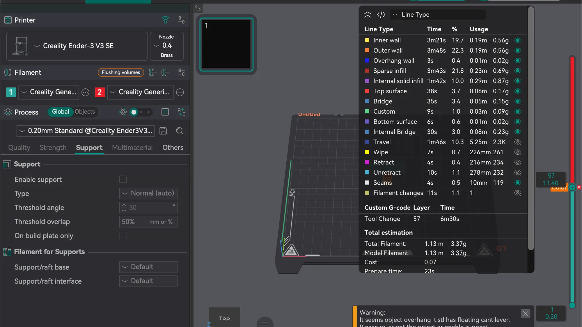 OrcaSlicer 2.4.2 Preview showing a colour change added on the vertical layer slider