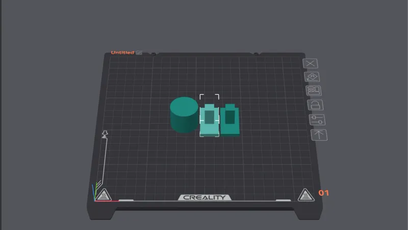 OrcaSlicer build plate with a cylinder and two T-shaped parts laid out side by side after Arrange