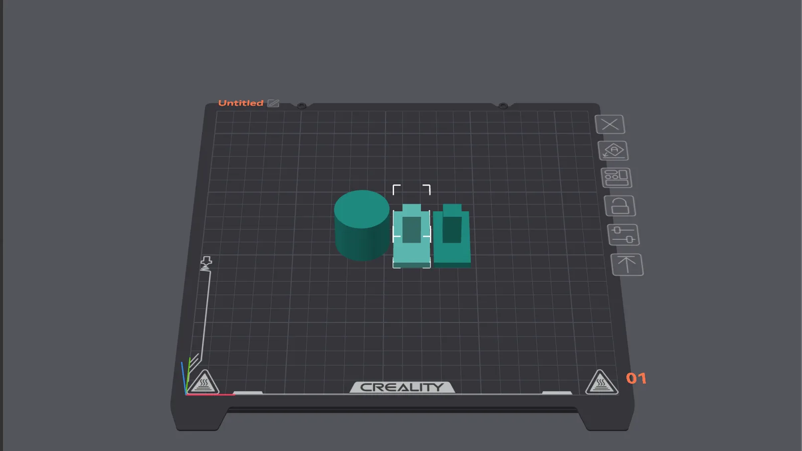 OrcaSlicer build plate with a cylinder and two T-shaped parts laid out side by side after Arrange