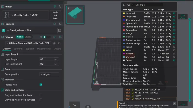 OrcaSlicer Preview tab after slicing, showing line types with time and filament usage and a floating cantilever warning
