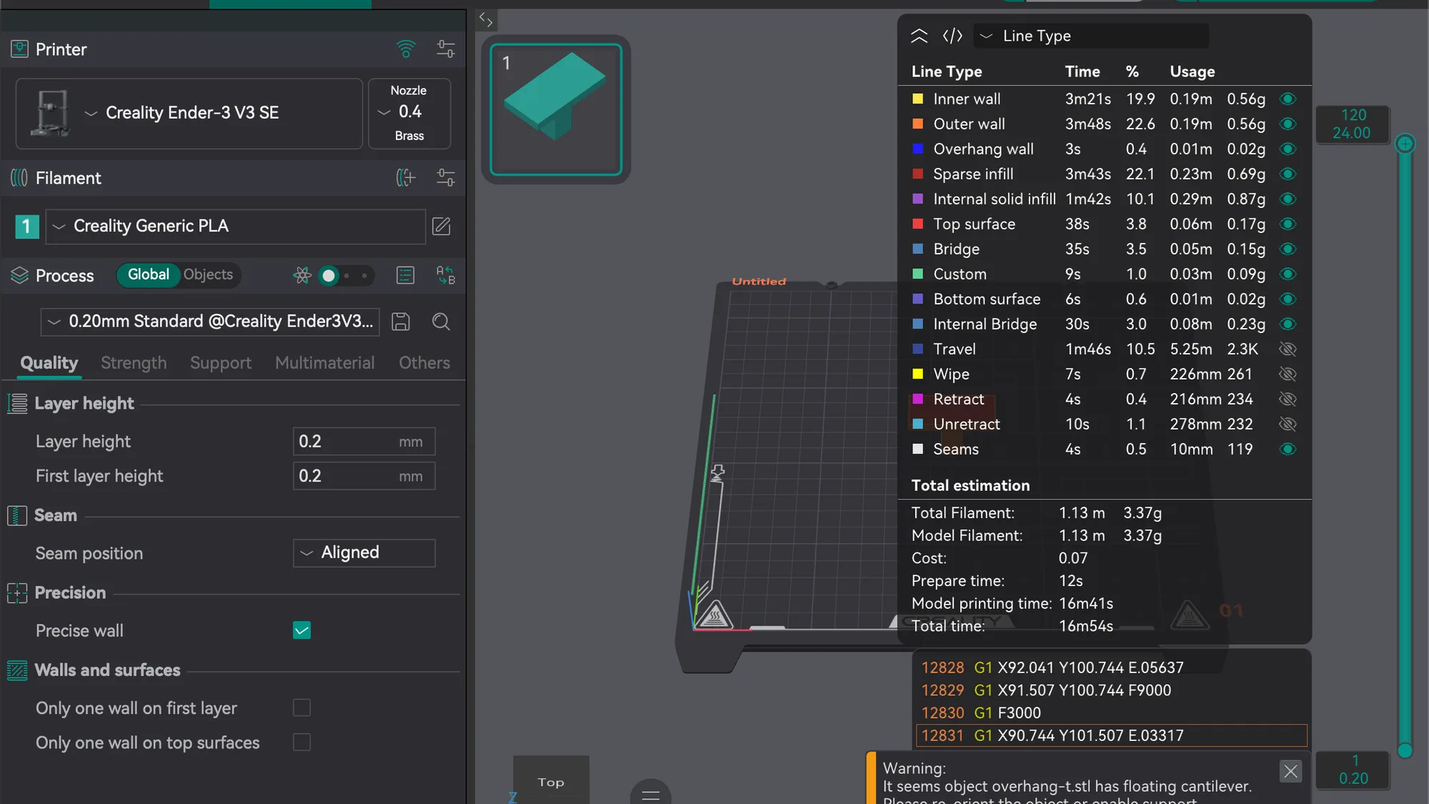 OrcaSlicer Preview tab after slicing, showing line types with time and filament usage and a floating cantilever warning