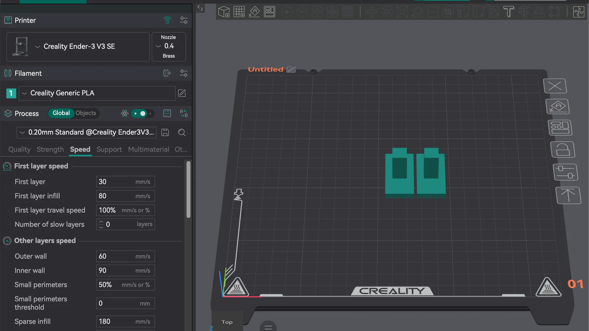 OrcaSlicer Prepare tab in Advanced mode with the Speed tab open showing First layer speed and Outer wall speed