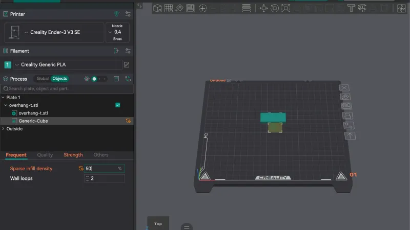 OrcaSlicer object list with a Generic-Cube modifier and a sparse infill density override highlighted in orange